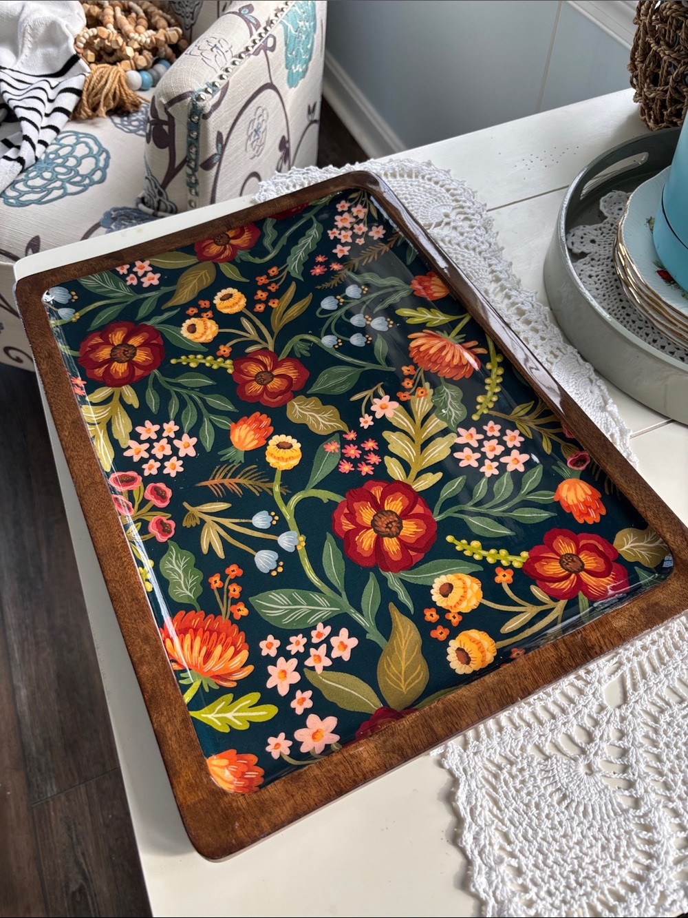 Wooden Floral Serving Tray with Dark Navy Floral Pattern - Picture 12 of 12